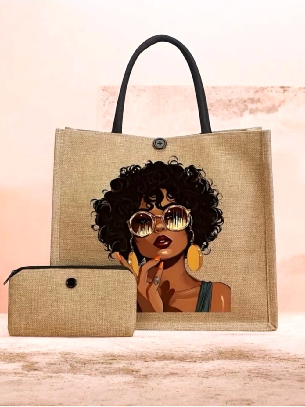 Stylish khaki Jute Tote Bag and Pouch set